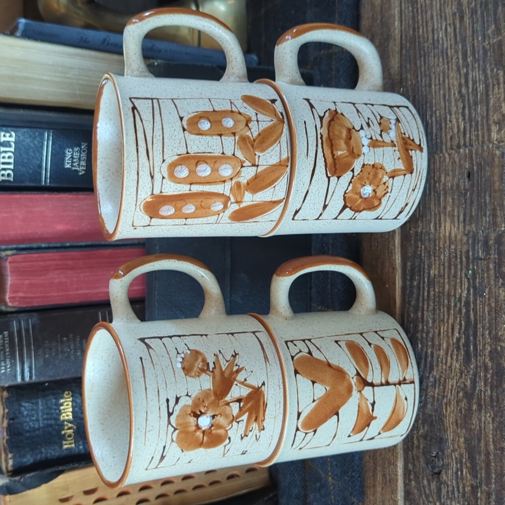 Vintage Hand Painted Unmarked Japan Speckled Stone Cups Mugs Set of 4